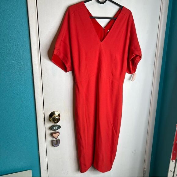 NEW Lewit V-Neck Crepe Midi Dress Short Dolman Sleeve V-Back Solid Light - Picture 3 of 9